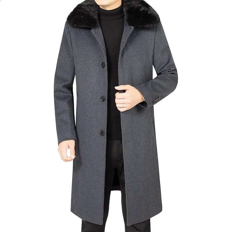Winter Men Fleece Fur Collar Woollen Overcoats Cashmere Long Jackets Trench Coats Quality Male Thicker Warm Coat Wool Blends 260916