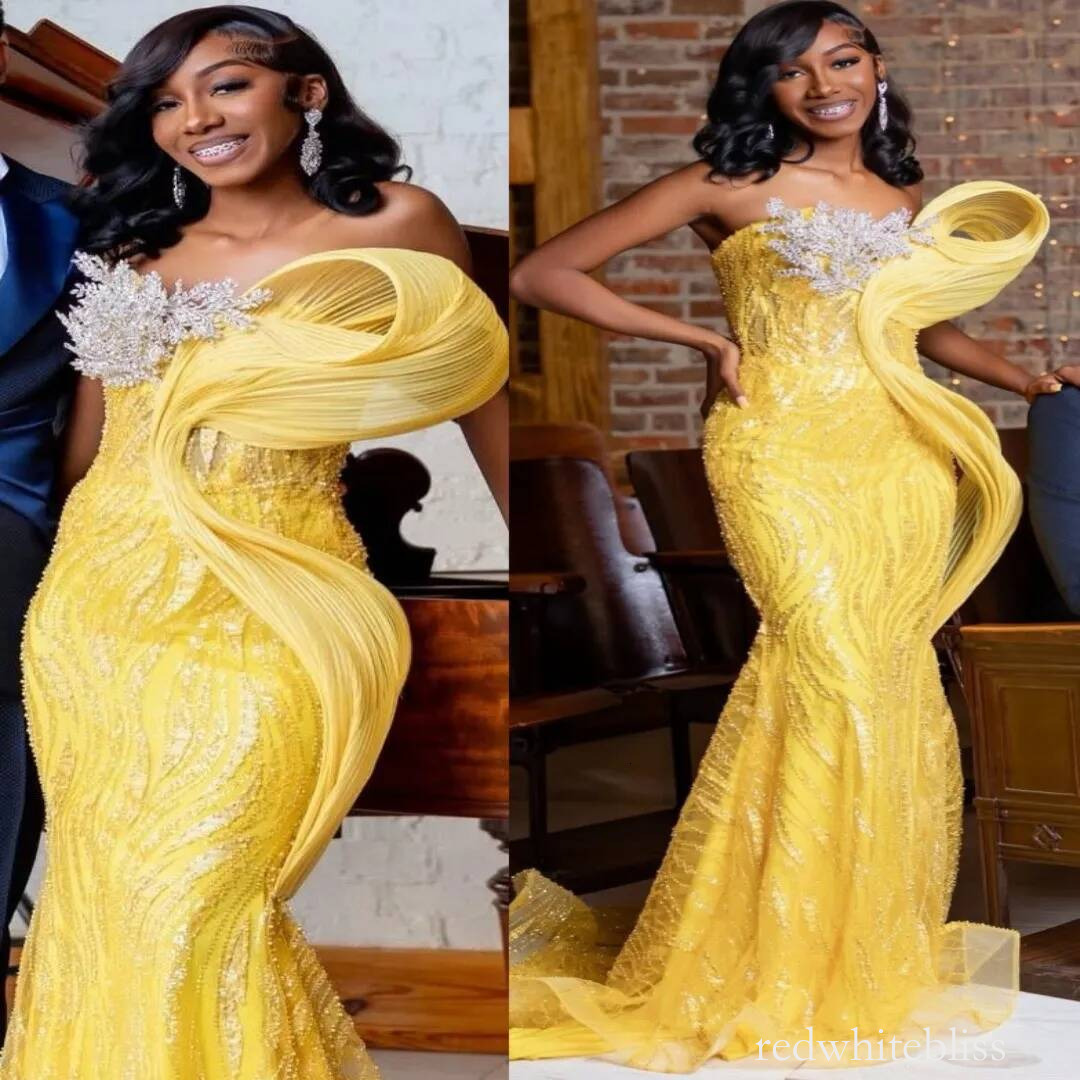 Aso Ebi Yellow Mermaid Prom Dress Sweetheart Crystals Stylish Sequined Evening Gowns For Black Women Birthday Party Formal Reception Dresses