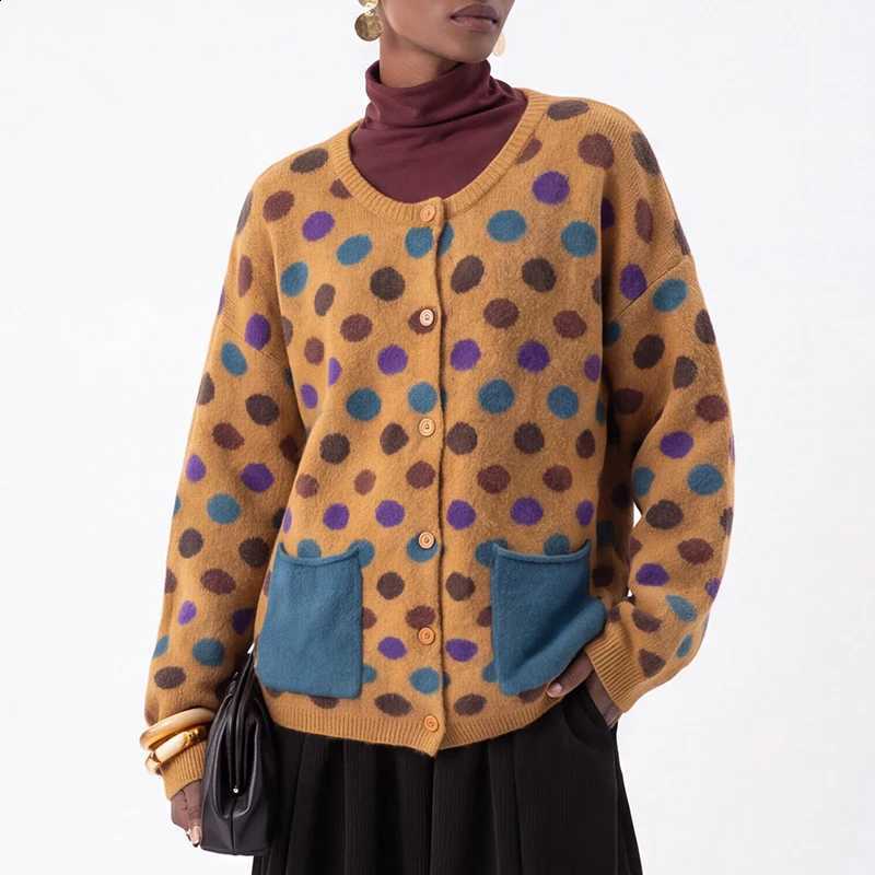 Winter New Button Autumn Commute Coat Vintage Contrast Color Polka Dot Printed Sweater Elegant O-neck Long Sleeve Knit Cardigans J260916