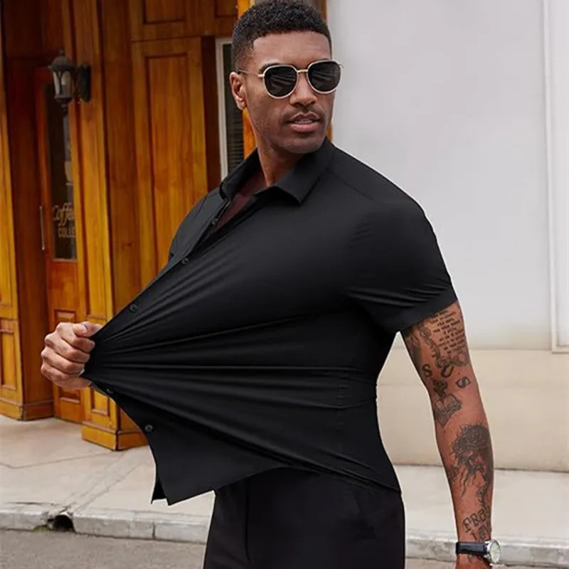 High Quality Summer Business Shirts For Men Short Sleeve Button Wrinkle Free Elasticity Social Black Office Dress Shirts US Size 260916