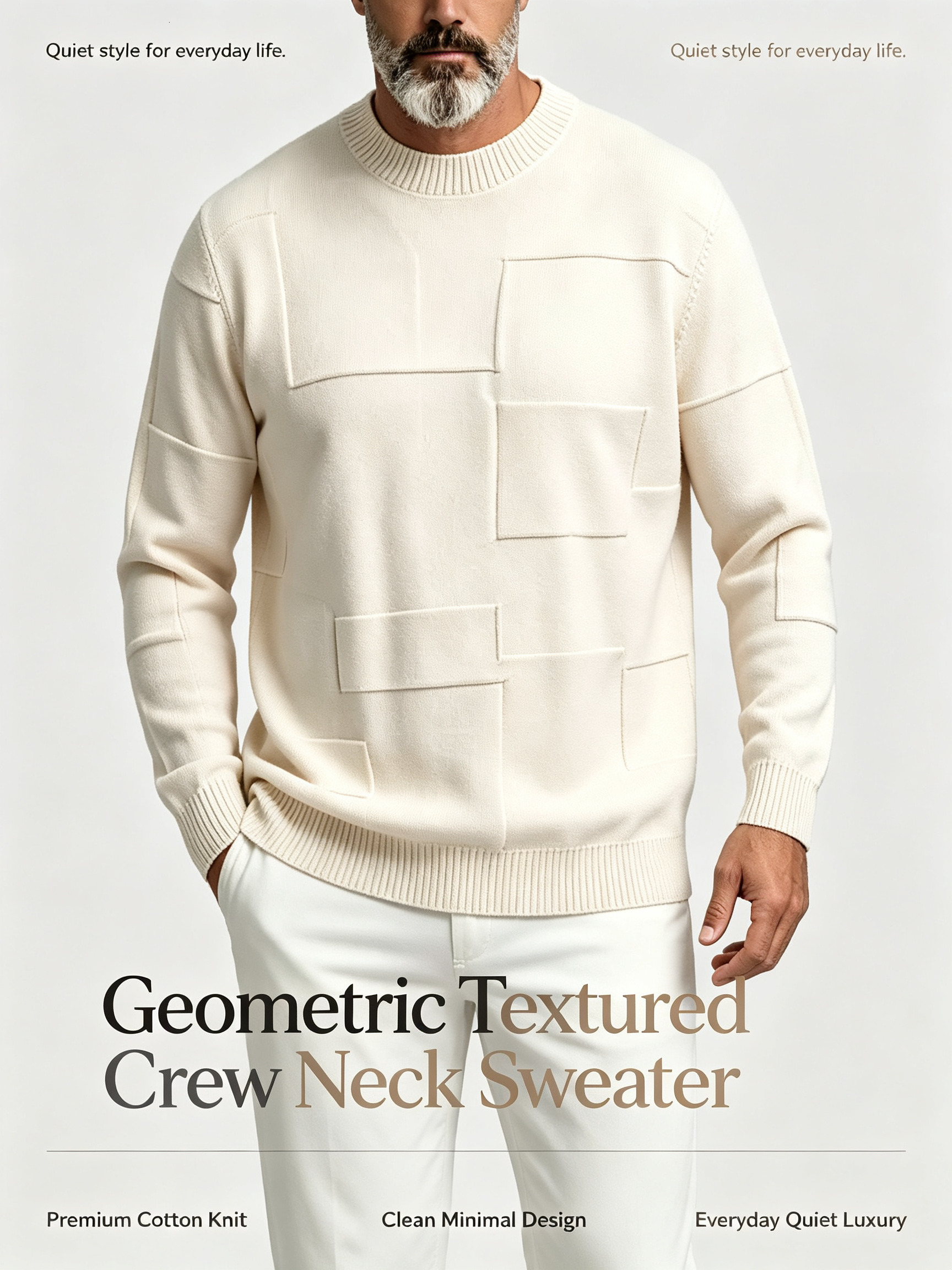 Men Retro Geometric Textured Long Sleeve Crew Neck Designer Cotton Knit Top High End Menswear Casual Men's Sweater J260917