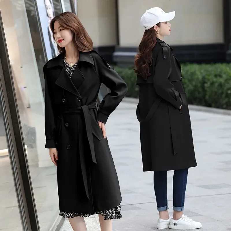 Black Loose s Double Breasted Khaki Windbreaker Women 2025 Autumn Fashion Design Vintage Tunic Sashes Casual Long Coat D2609091