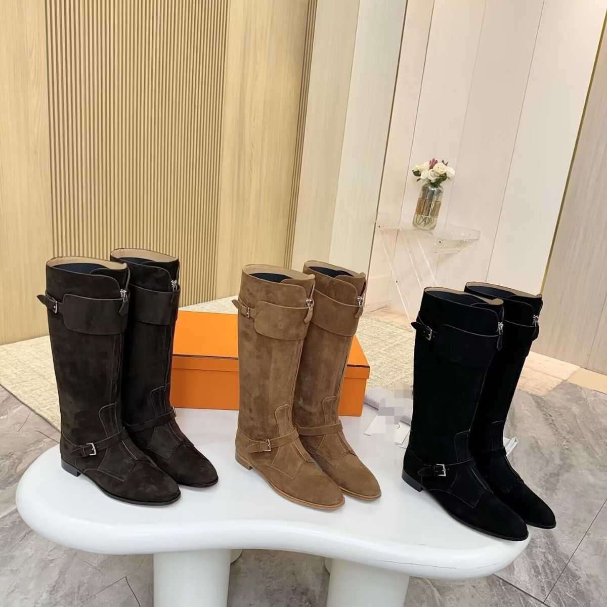 2026 Fall/Winter New heep Suede High Boots with Front Zipper, Women's High Boots with Chunky Low Heel and Belt Buckle, Riding Boots