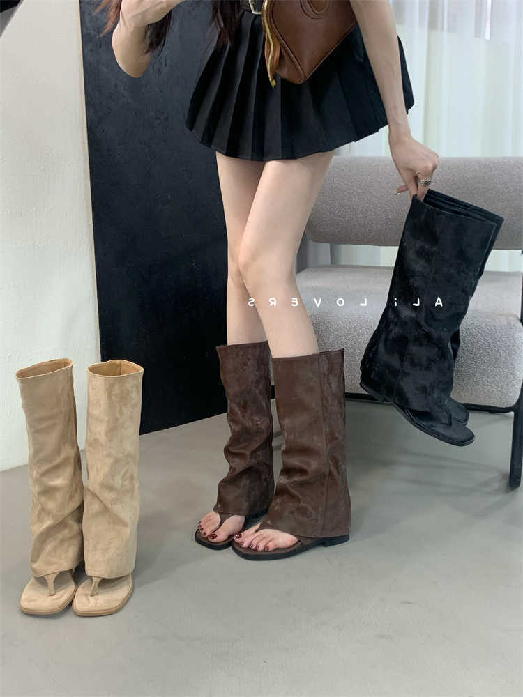 New 2025 Summer Women Sandals Boots fa1 Open Toe Flats Sheepskin Sandals High Top Ladies Street Shoes Zapatos De Mujer D260917