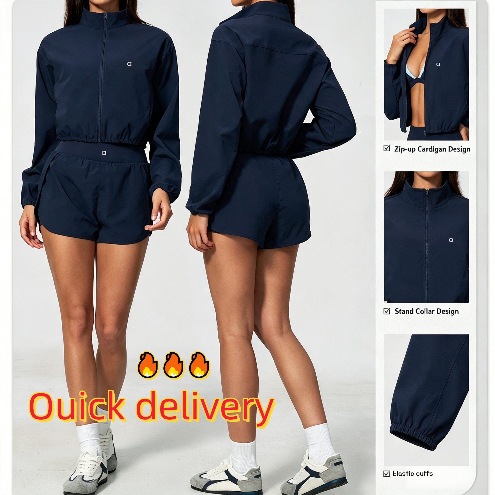 Women Zip Up Cropped Jacket High Waist Yoga Leggings Shorts 2 Piece Tracksuit Athletic Workout Sportswear Outfit A2136 Size S-XL