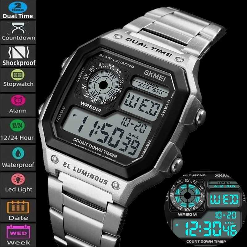 Skmei Dual Time Zone Men's Digital Sports Bracelet Watches Luxury Stainless Steel Band 50M Waterproof Led Chronograph Stop WatchT260916