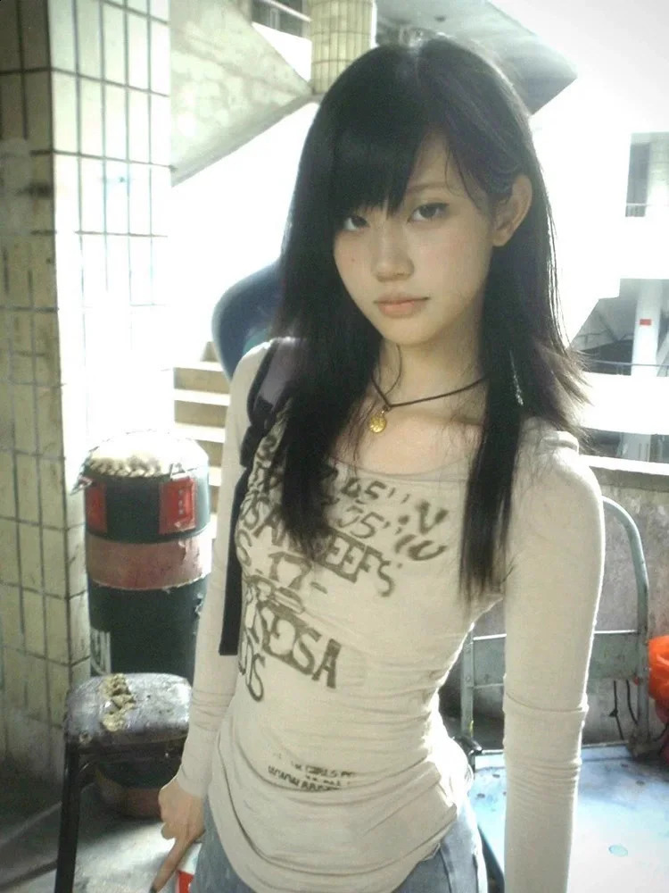 Japanese Y2k Letter Print T-shirt Trashy 2000s Style Long Sleeve Ribbed Tops Vintage Harajuku Streetwear American Retro 260917