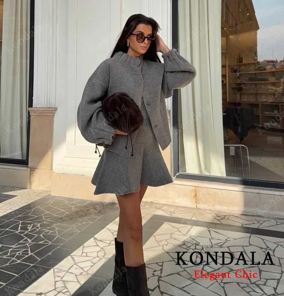 Knitted Fall KONDALA Skirt Ladies Set Pleated O-Neck Buttons Jacket Mini Skirt 2025 Autumn Fashion Elegant Female Skirt SuitW260915