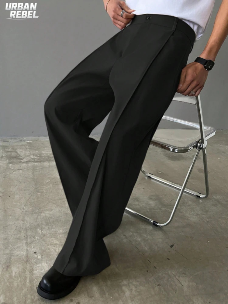 Vintage Streetwear Trendy Men's Black High Waist Wide Leg Dress Pants Loose Fit Straight Leg Casual Business Trousers Fashion 260917