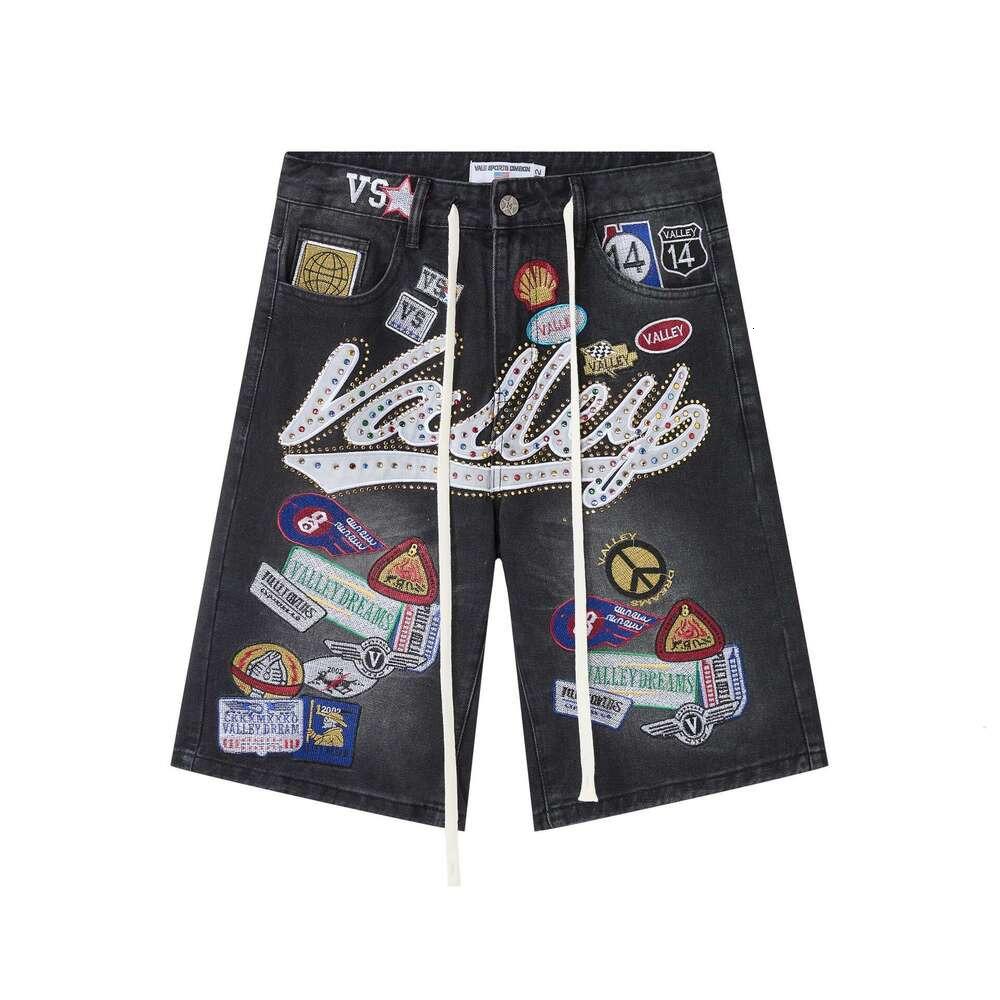 Valleys Dreams Jorts Men Women Washed Drawstring Denim Shorts Designer Pants Rhinestone Letter Graphic Embroidery Badge Patches Vintage Hip Hop Y2k