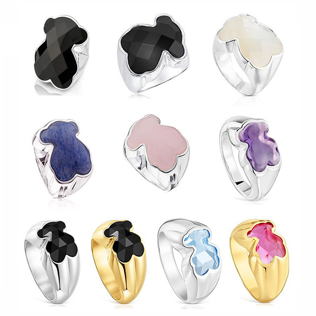 Designer Style Small Bear Cut Agate Ring White Copper Silver Plated Large Engraved Main Stone Elegant And Trendy Womens Personalized Ring Accessory