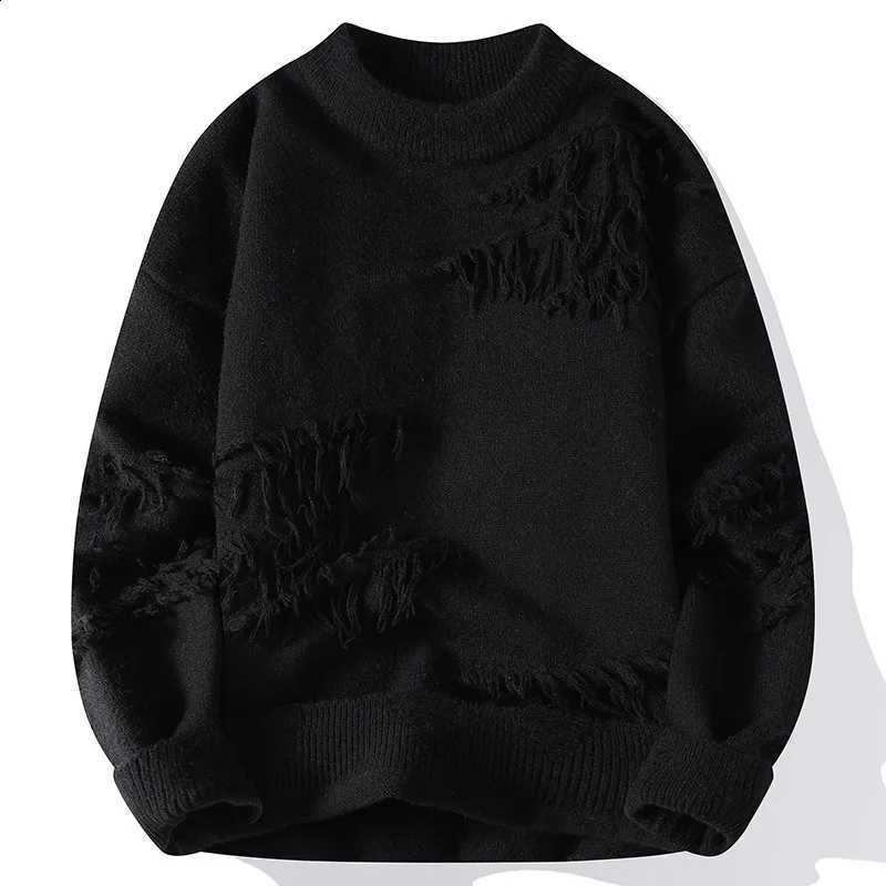 Street High Men's Knitted Perforated Sweater Hot Selling Multi-color Yarn Classic Autumn Winter Men's Warm Pullover 2024 TopsW260915