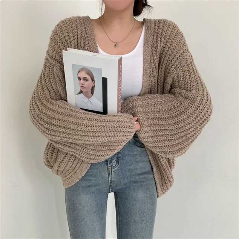 Chic Loose Sweater Fashion Women Vintage Solid Color Lantern Sleeve Cardigan Thick Needle Knitted Tops 2026 Autumn Female Coats J260916