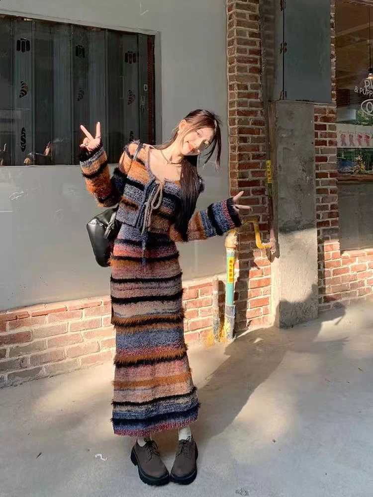 Striped Knit Cardigan Set Vintage Women Autumn Winter Slim Lace Up Long Sleeve Cardigan Y2K Casual Camis Vestidos 2 Piece SetsW260915