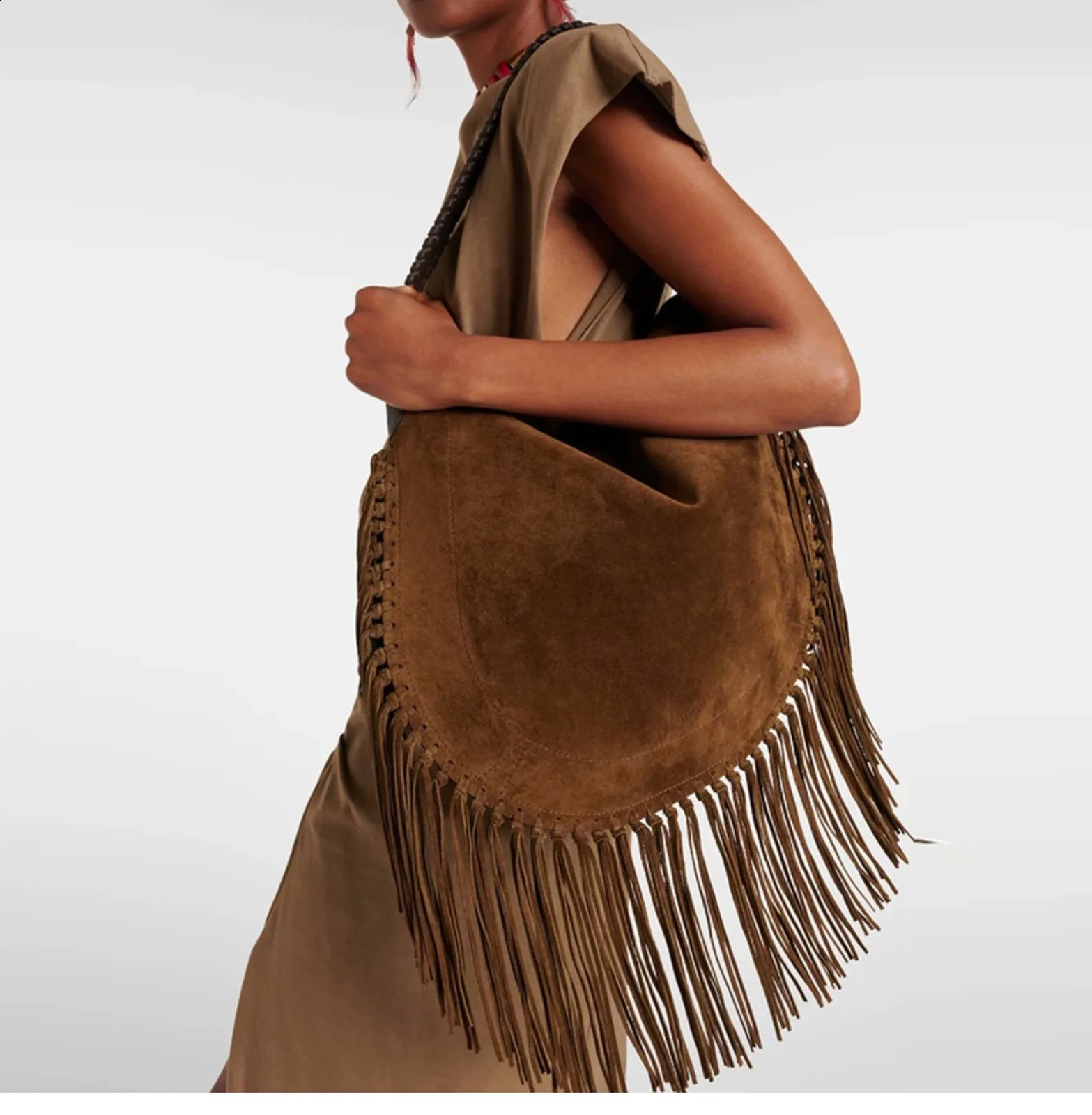Long Tassel Womens Shoulder Bags Faux Suede Tote Bag Handbags Half Moon Hobos Frosted Shopper Purses Female 260916