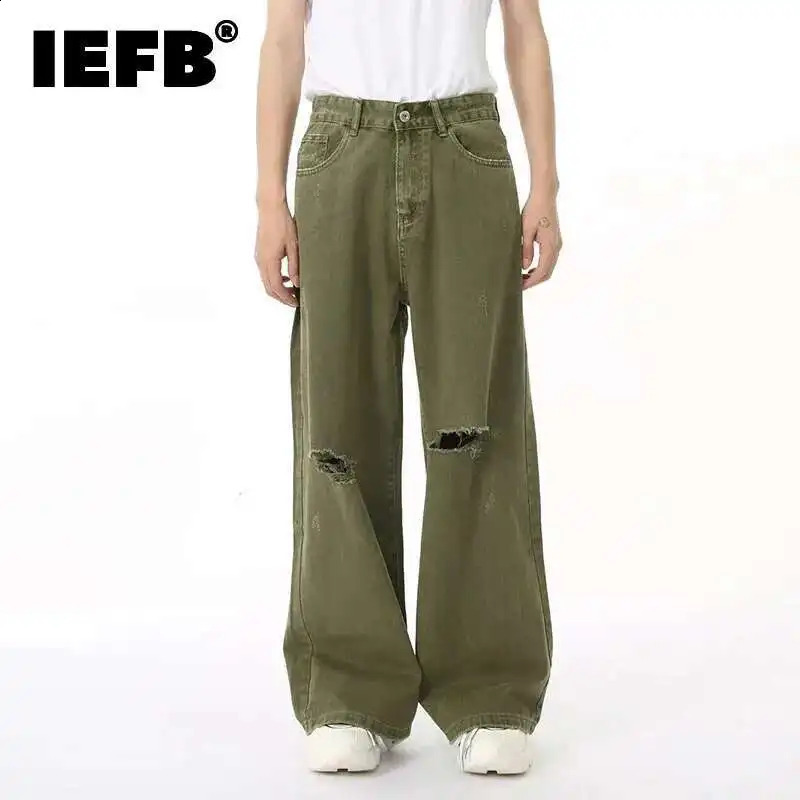 IEFB Mens Jean Vintage Fashion Men Wear Hole n Simple Solid Color Autumn Korean Straight Denim Pants Green 9C6950 260917