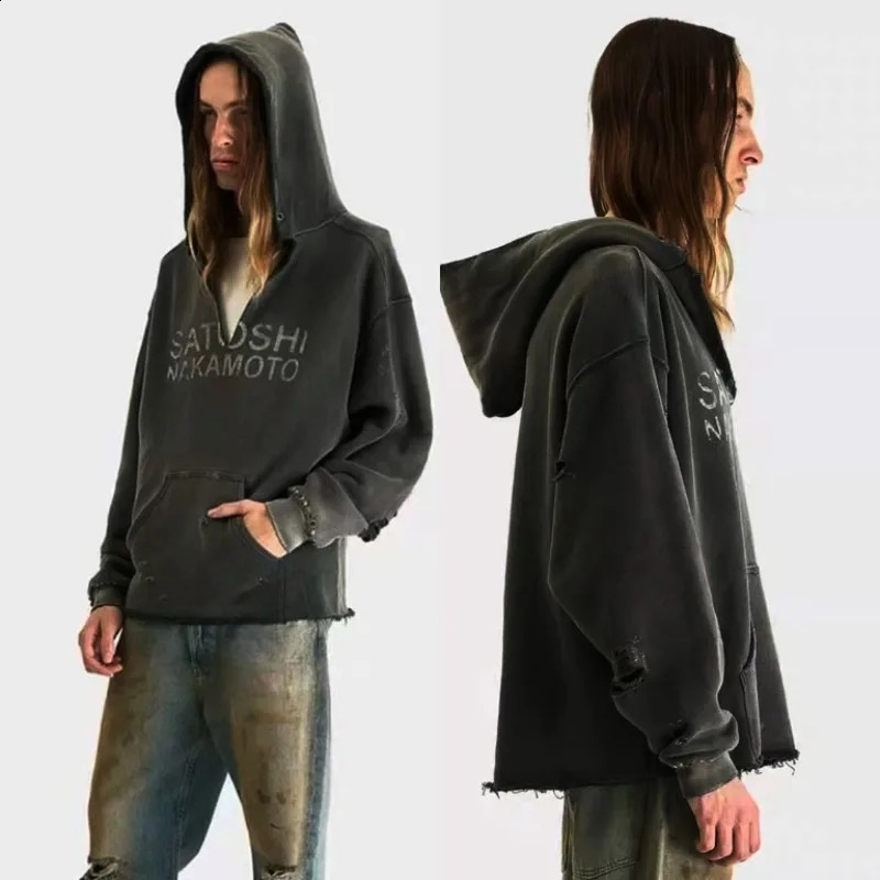 SATOSHI NAKAMOTO Unisex Casual Hoodie Dual Line Letter Print Hood Drawstring Front Pocket Loose Top 260917