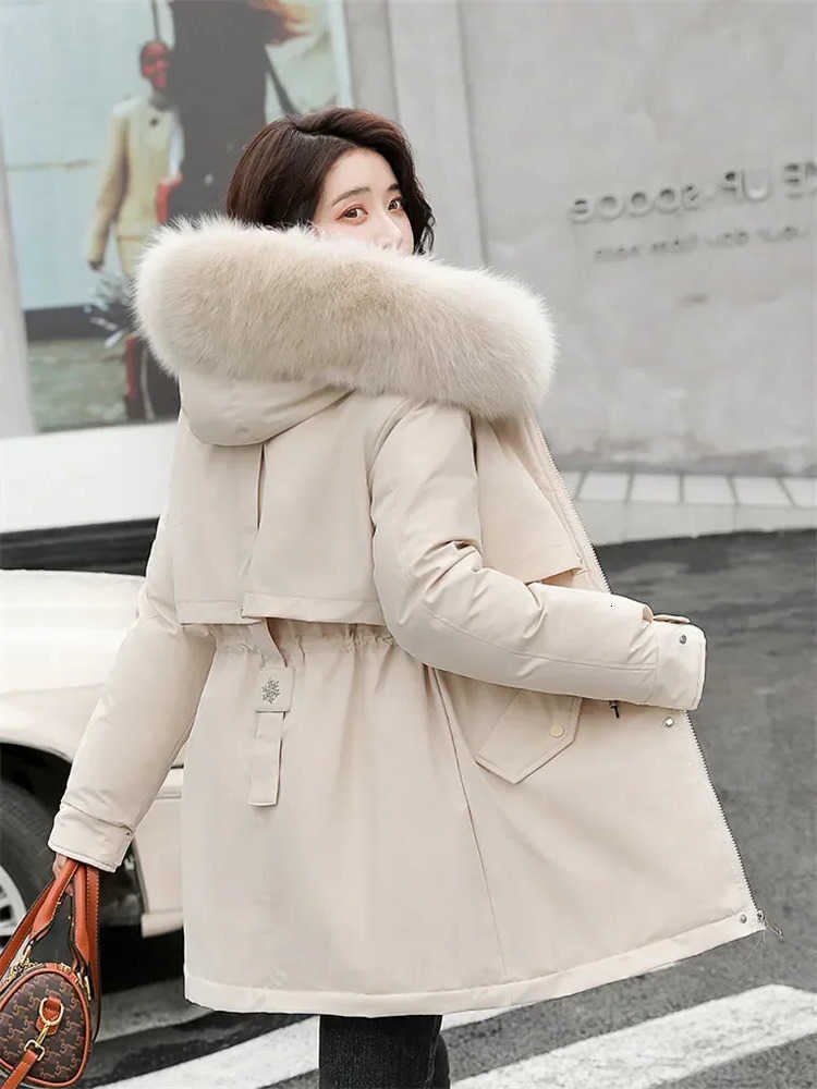 Coat Low Price On Winter Sale Women Beige Add Wool Thick Warmth Fur Hooded Parkas Jacket 2026 New Fashion Belt Slim Cotton Coat H260917