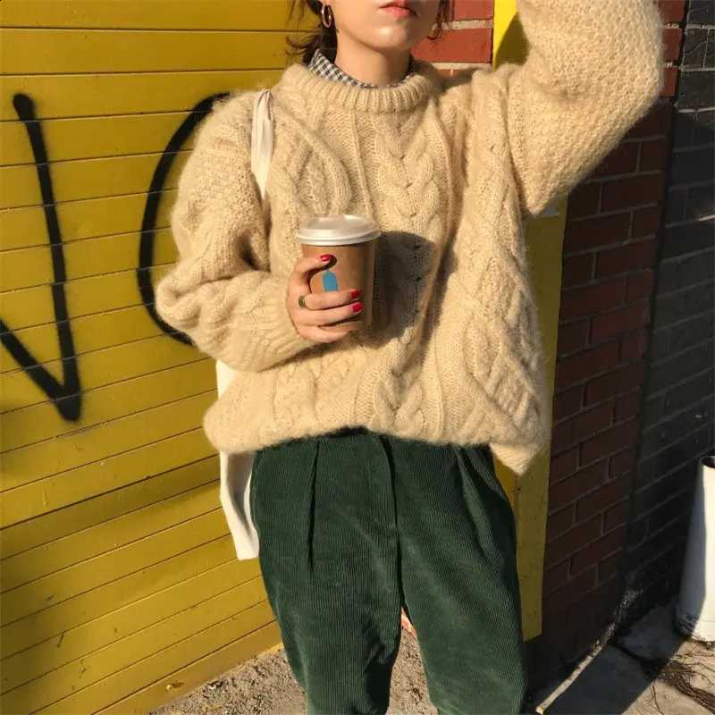 Vintage Thick Twisted Office Cute Lady Tops Loose Apricot Elegant Pullovers Girls High Street Knitted Casual Sweater New J260916