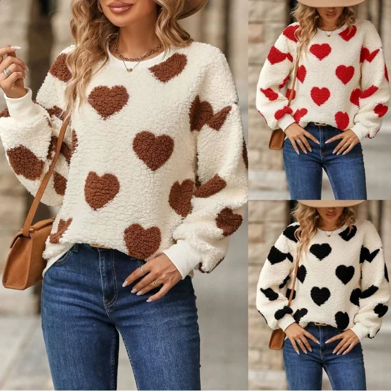 Plush Heart-shaped Printed Sweater Women Loose Comfortable Round Neck Pullover Sweaters Casual Fashionable Long Sleeved Tops 260917