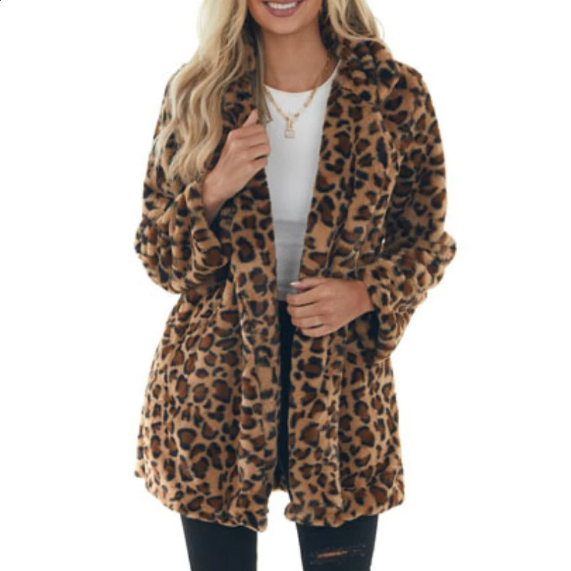Womens Coats Winter Clearance Women Loose Leopard Print Stitching Leather Midlength Long Sleeve Coat Jacket With Pocket 260917