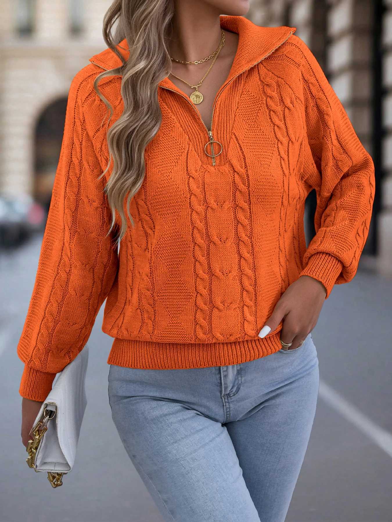 Women's Casual Turn Down Collar Half Zipper Sweaters 2026 Autumn Winter Lantern Long Sleeve Twist Knitted Tops Orange Khaki Red S260917F894