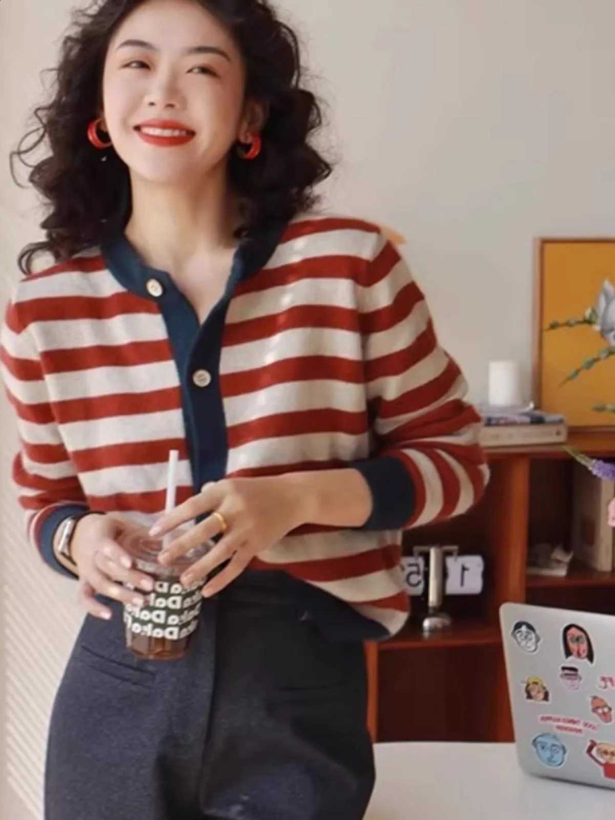 stripes Fashion color matching pure cashmere knitted cardigan women's crewneck sweater autumn and winter loose wool coat top J260916