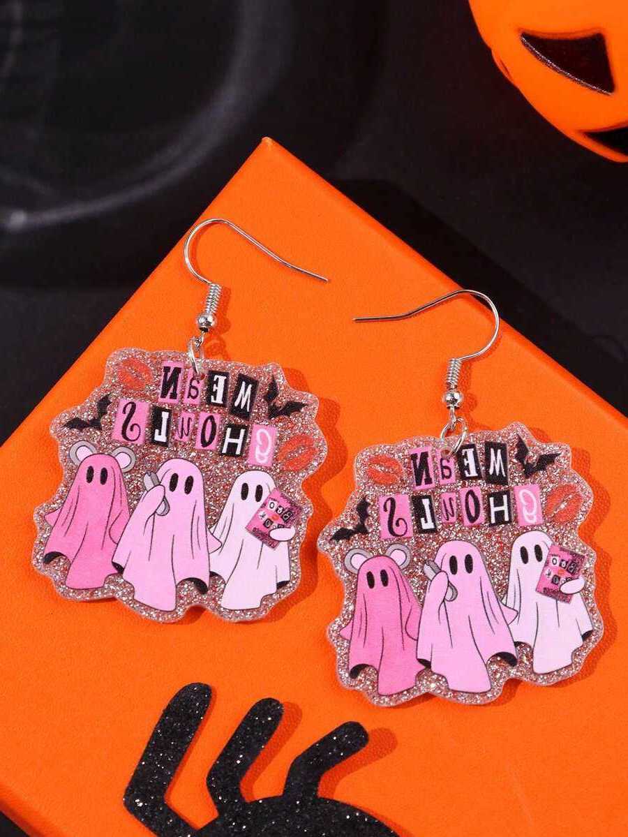 Pair 1 Sweet Cool Halloween Earrings Silver Glitter Base MEAN GHOULS Slogan Pink White Red Lips Bat Print Dangle Earrings EyeC S260917L0X5