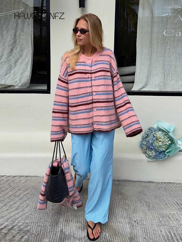 Loose Casual Stripe Scarf Top Women Fashion Full Sleeve O-neck Single Breasted Knitted Coats Female 2026 Autumn Lady Outwears J260916