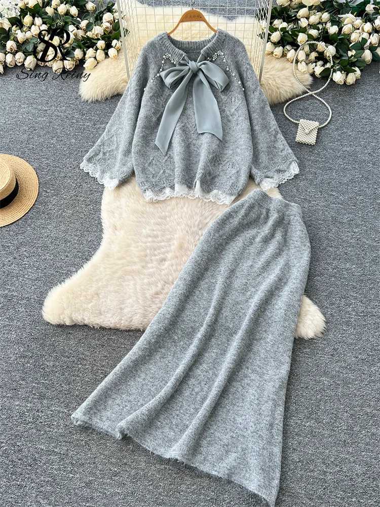 Suits SINGREINY Fashion Cashmere Knitted Female Bow Lace Spliced Loose Sweater+Elastic Long SKirt Beading Wool Two Pieces SetsW260915