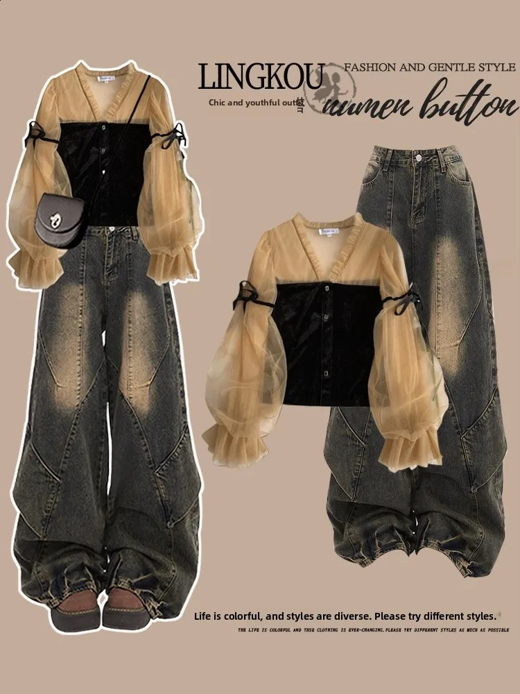 plus Size Spring Denim Set Womens Gentle Top High Waist Vintage Loose Slimming Wide Leg Pants Two Piece Faionable Casu 260916