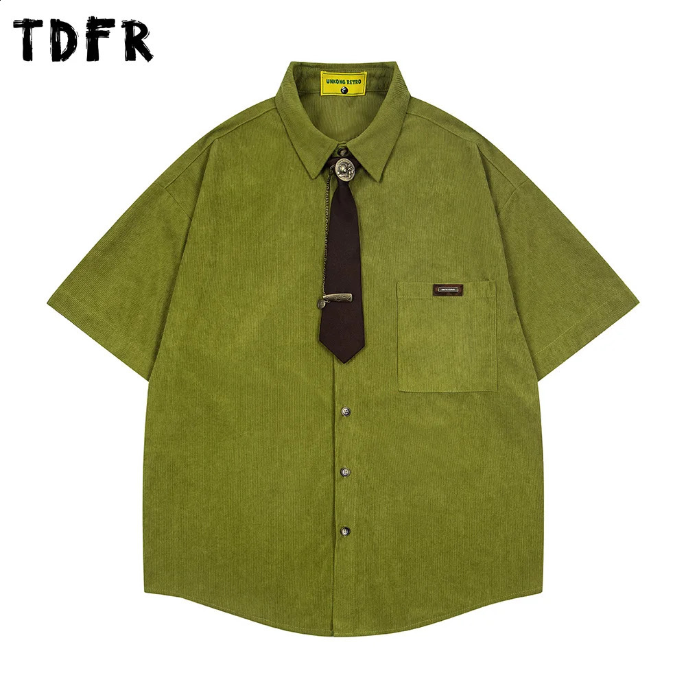 Pocket Corduroy Short Sleeve Shirts Mens Summer Retro Casual Loose Lapel HalfSleeve Single Breasted Curved Hem Man 260917