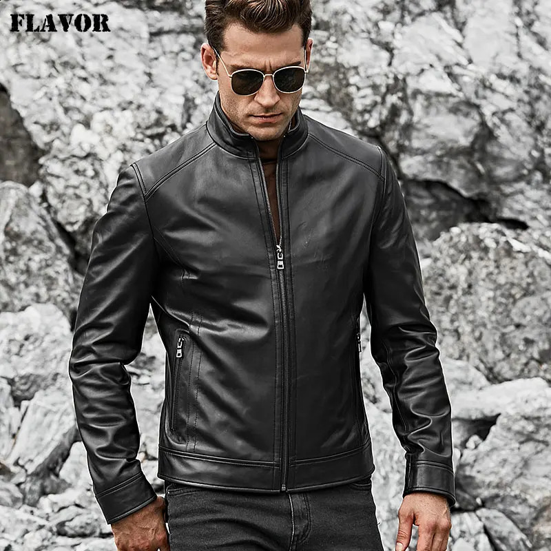 FLAVOR Men's Leather Jacket Men Slim Fit Warm Coat Motorcycle Lambskin Standing Collar Genuine Leather Coat 260917
