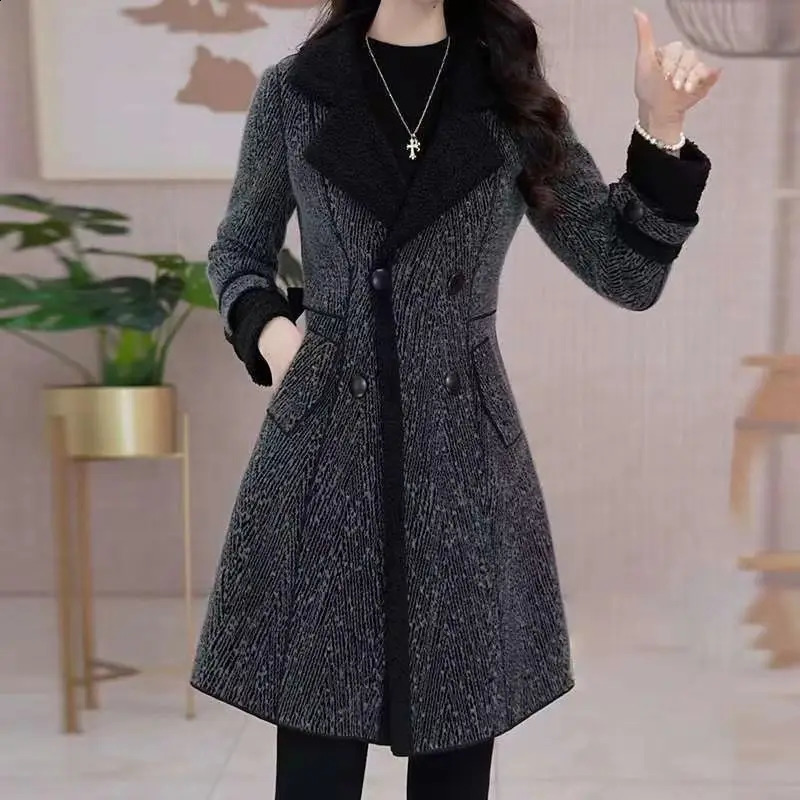 Highquality Female Woolen Coat On Both Sides 2025 Autumn And Winter Double Sided Wear Suit Collar Gray Black 260917