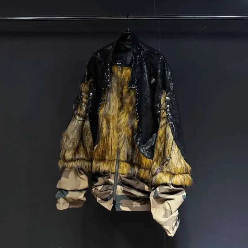 Jackets Men's Stylish High Street Stand Collar Drawstring PU Leather Faux Fur Zipper Male Camouflage Spliced Coats CDFR5 W260915