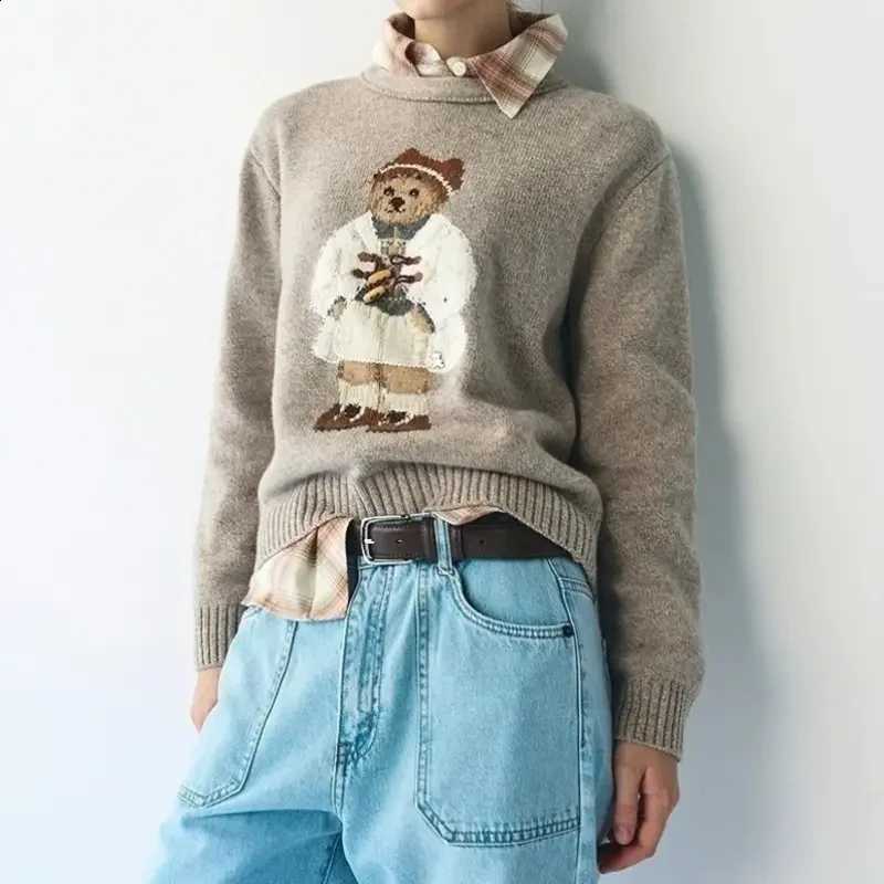 Winter Retro Cute Autumn Bear Cashmere Wool Sweater Women Basic O Neck Long Sleeve Knitwear Jacquard Cartoon Knit Pullover 031B J260916