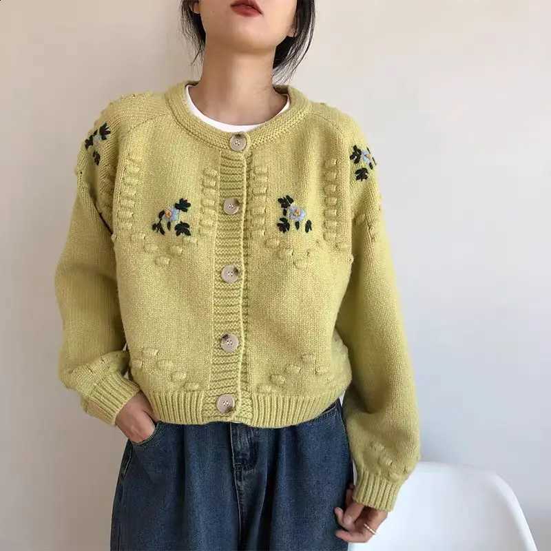 Embroidery Korean Cardigan style Women Sweet Cropped Sweaters Gentle Knitted Retro Fashion Floral Cardigan J260916