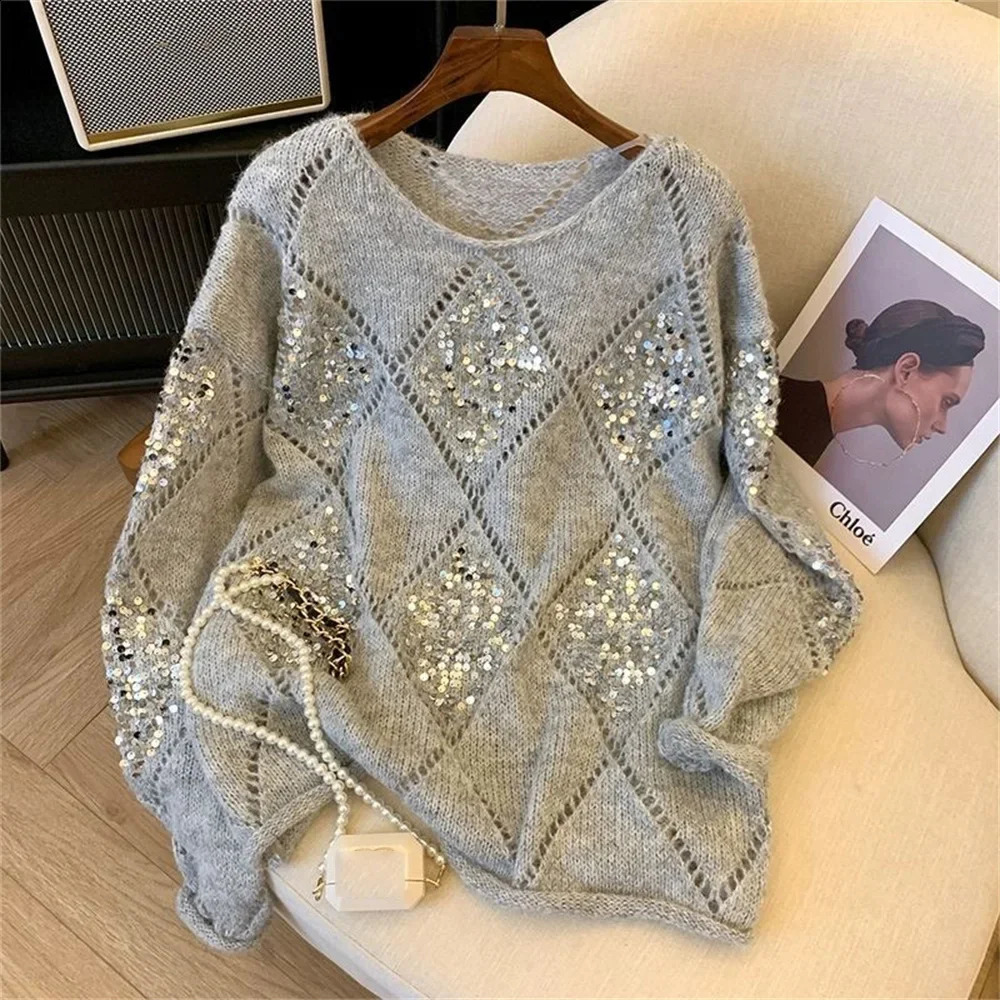Sequined Knitted Hollow Out Pullover Female Casual Knitted All Match Thin Sweater Oversized Pullovers Tops Women Clothing 260917