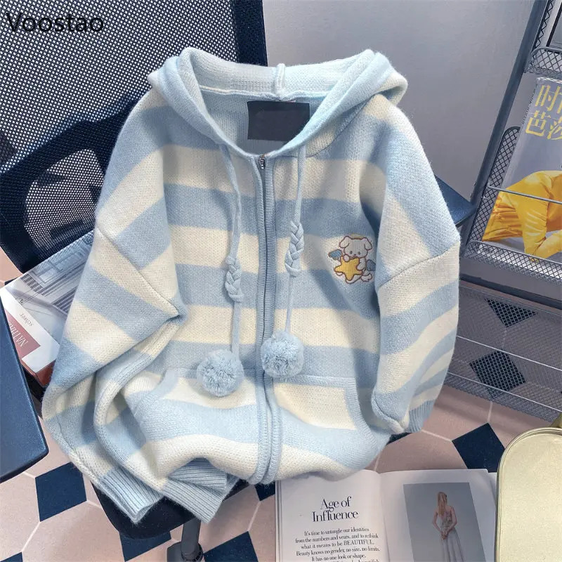 Spring Autumn Casual Cartoon Embroidery Striped Hooded Sweater Women Sweet Knitted Cardigan Coat Japanese Girls Loose Knitwear 260917