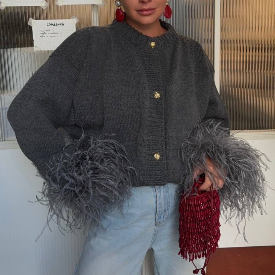 Cardigan en tricot pour femme avec bordure en plumes d'autruche, col montant, bouton doré, coupe ample, manches longues, pull tricoté uni, élégan