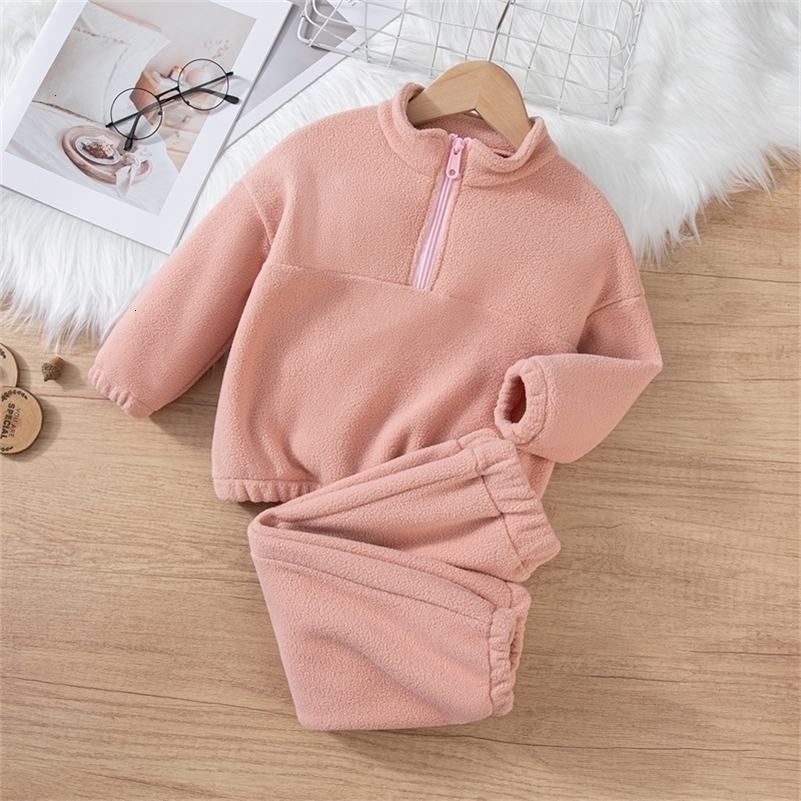 Girls Winter Casual Outfit Solid Color Fleece Thickened Hoodie Pants Clothes Set Half-Zip Children Sweater Sets 260902