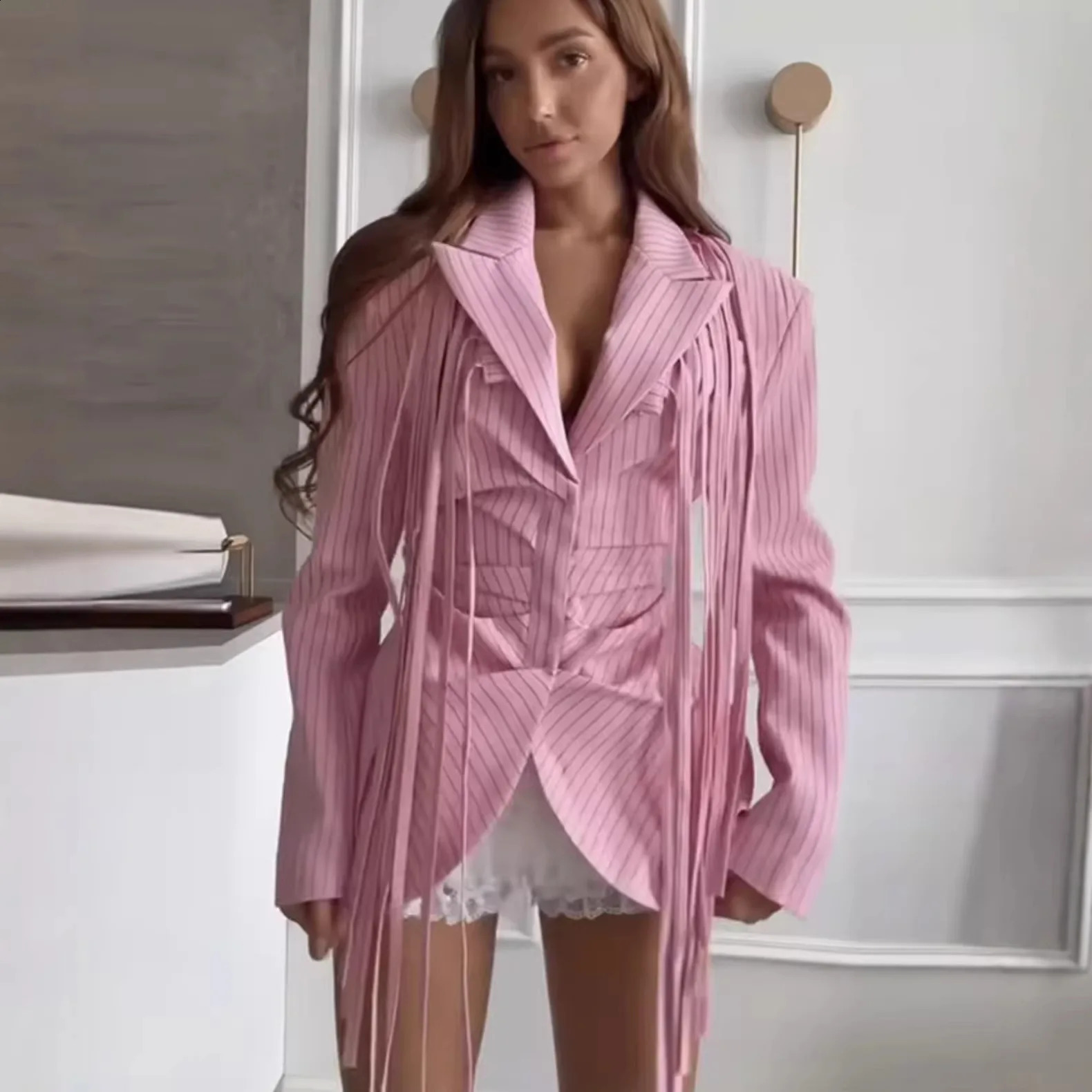 Vertical Striped Blazer Lapel Collar Long Sleeve Ruched Waist Self Belt Tassel Fringe Hem Slim Women Elegant Suit Jacket 260602 260917