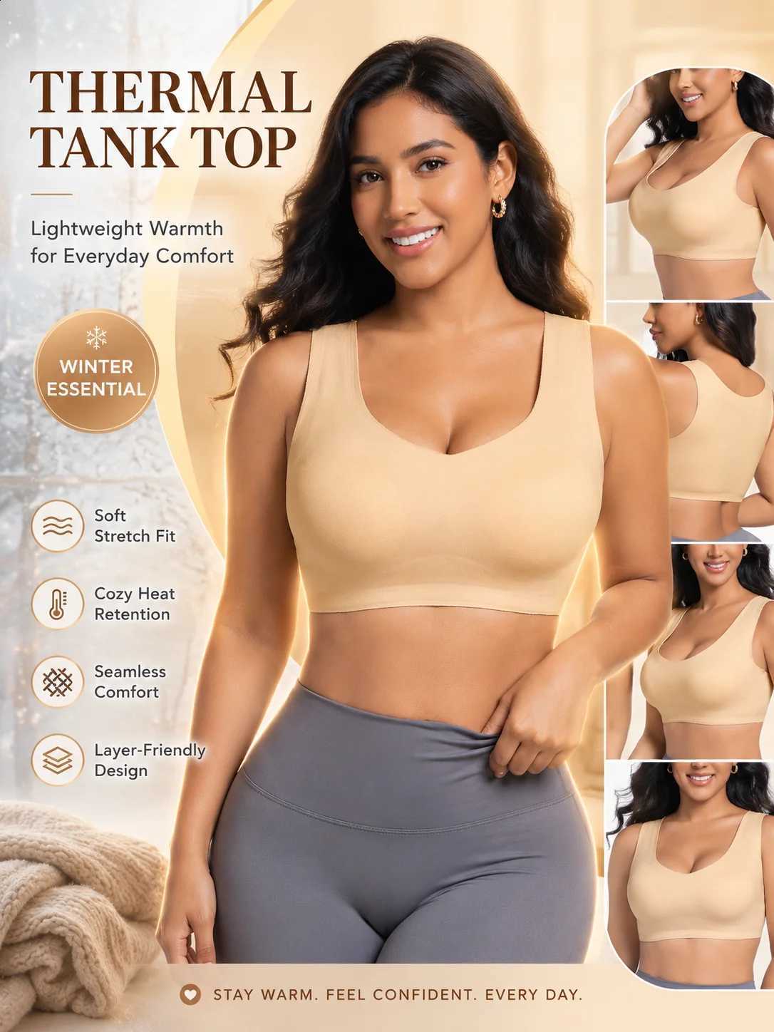 Women's 1 Pack Seamless Thermal Bra Tank Top Fleece-Lined Wireless Removable Pads Comfortable Daily Lingerie forFallWinterWarmth H260916