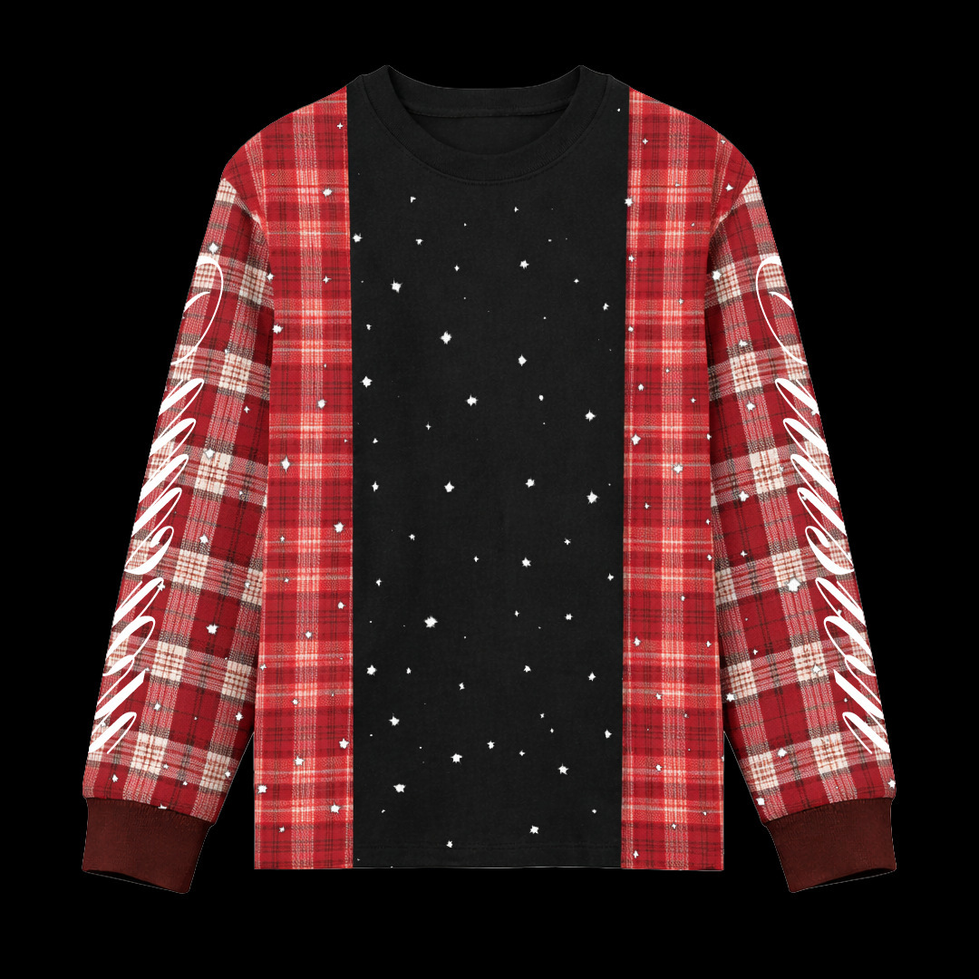 Red black plaid patchwork, rhinestone-embellished long-sleeve top with floral letter prints, loose fit, contrasting colors, raglan sleeves, and a vi