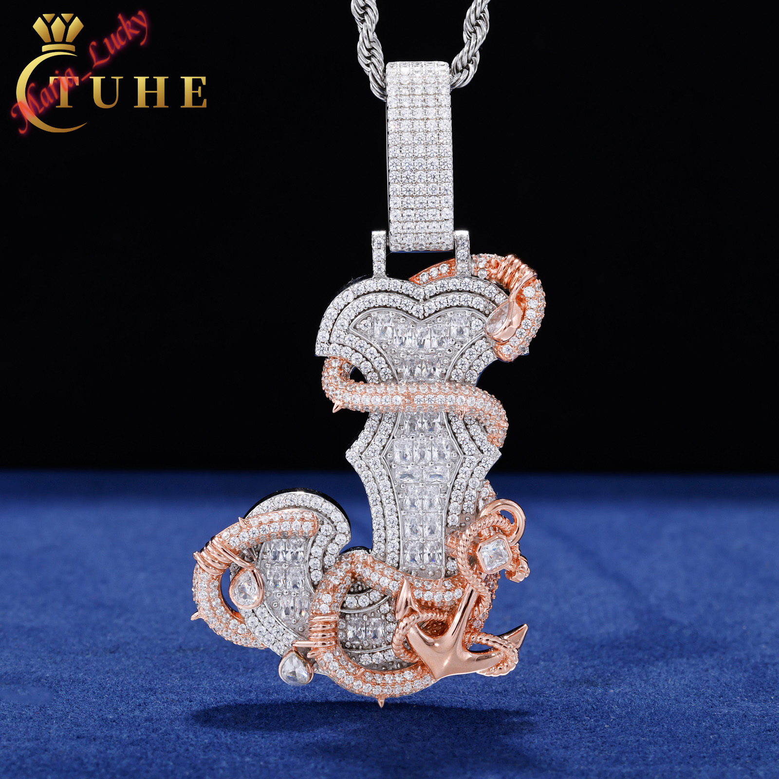 Iced Out Thorns Anchor Letter J Moissanite Pendant Baguette Cut Stones, 925 Sterling Silver Hip Hop Statement Charm Trendy Men Street Jewelry Wholes