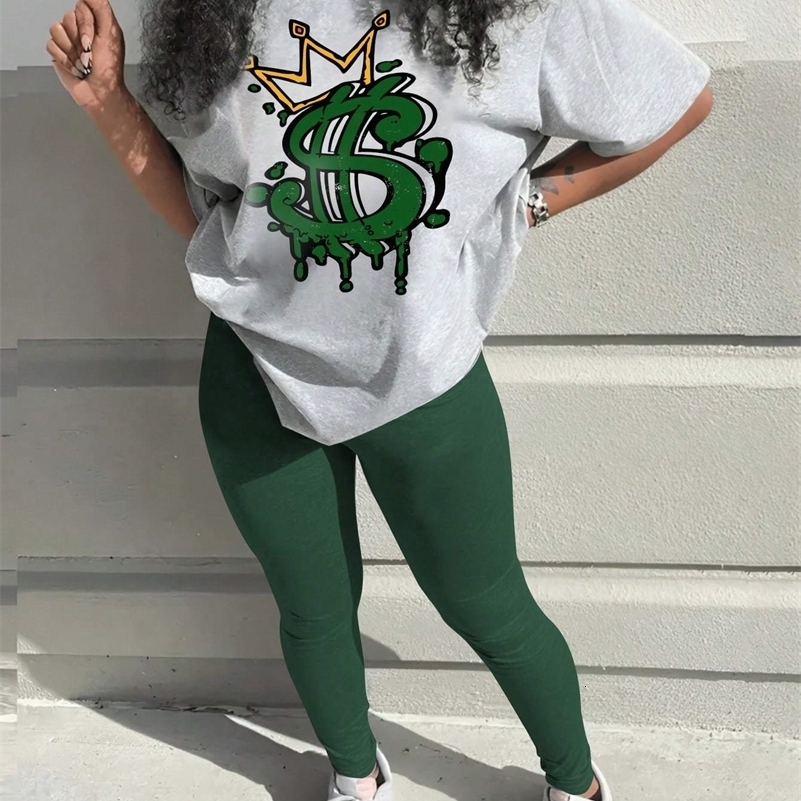 Crown Letter Print Pants Set Y2K Summer Round Neck Graphic Short Sleeve Tshirt Skinny Pants Suit 2 Piece Sets Women Outfit 260917