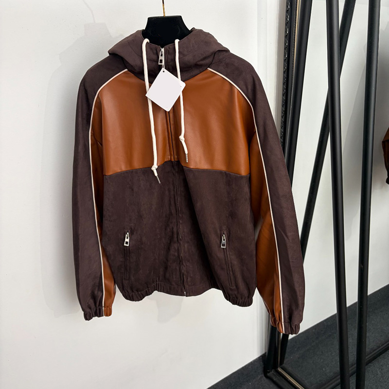 Color Block Hooded Bomber Jacket Luxury Women Faux Suede Splicing Loose Retro Outerwear Vintage Street Style Blouson Coats