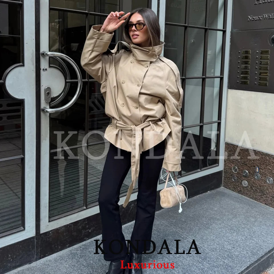 KONDALA Vintage Chic Women Trench Coat Khaki Solid Stand Collar Double Breasted Belt Bow Fashion 2026 Spring Summer Outwear 260917