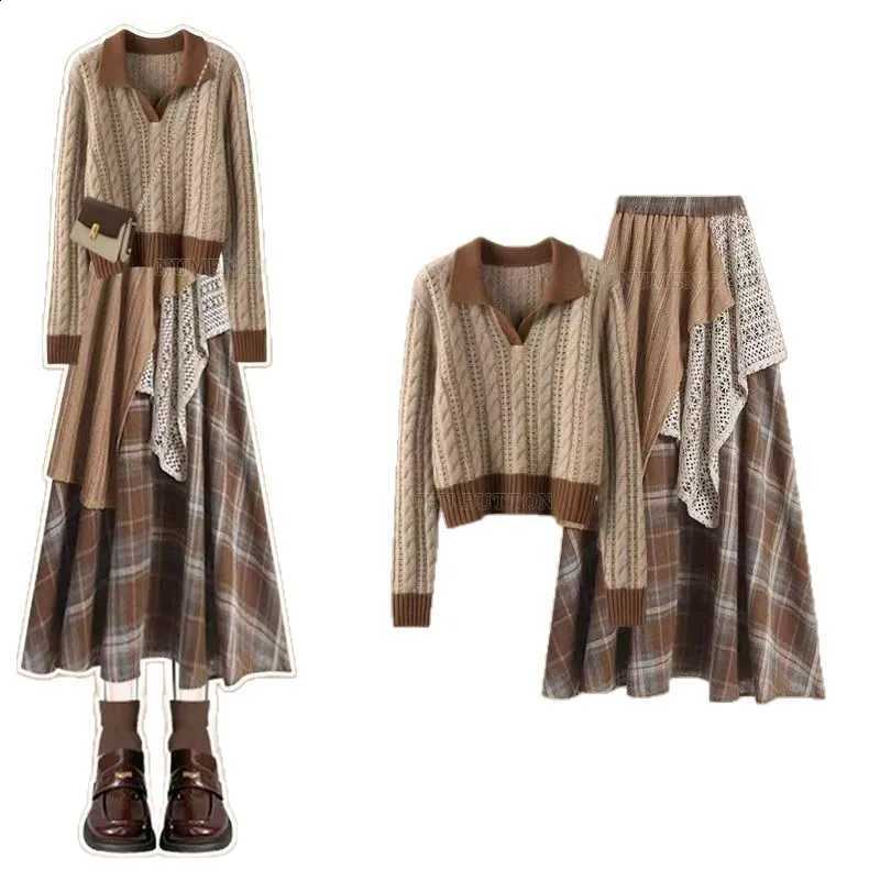 Size Early Autumn Maillard Large Set Women's Wasteland Style Age Reducing Niche Sweater with Patchwork Lace Skirt Two-piece SetW260917