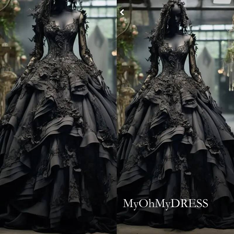 Elegant Gothic Black Wedding Dress With Long Sleeves 3D Ral Appliques For Brides A E Style Ruffle Tiered Vintage Women Dresses Y916